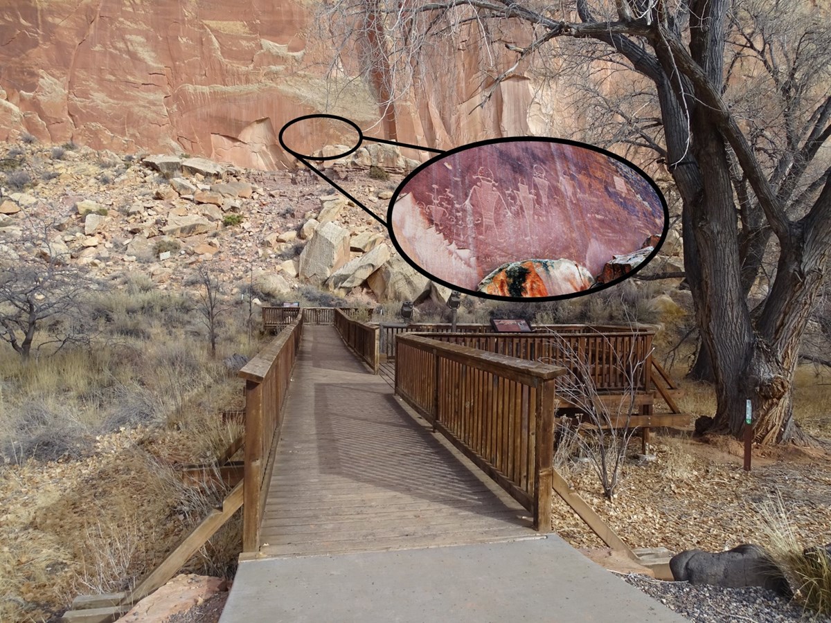 Long wooden boardwalk with trees beside it, facing a red rock wall, with a black circle added to it, with enlarged petroglyphs inside the circle.