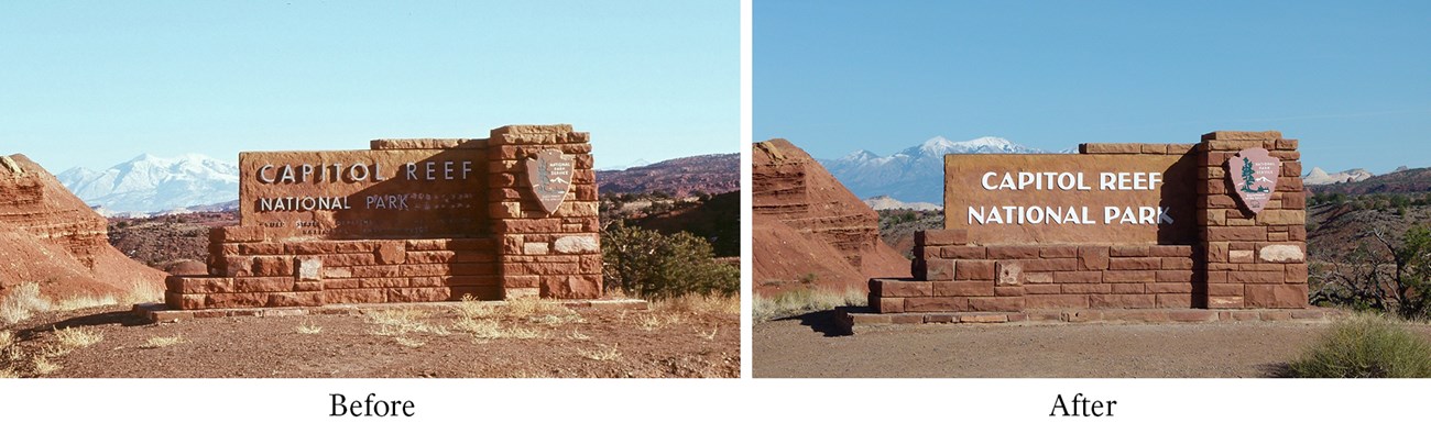 side by side images of a red rock sign that states Capitol Reef National Park