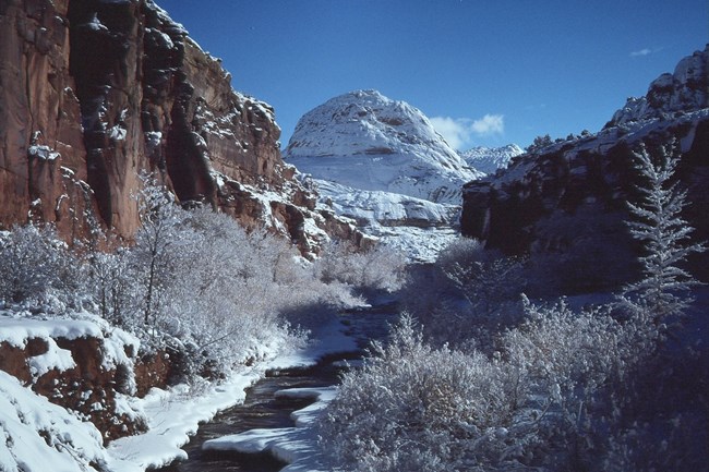 White sandstone dome covered in snow, with red cliffs and a river with snowy banks in foreground.