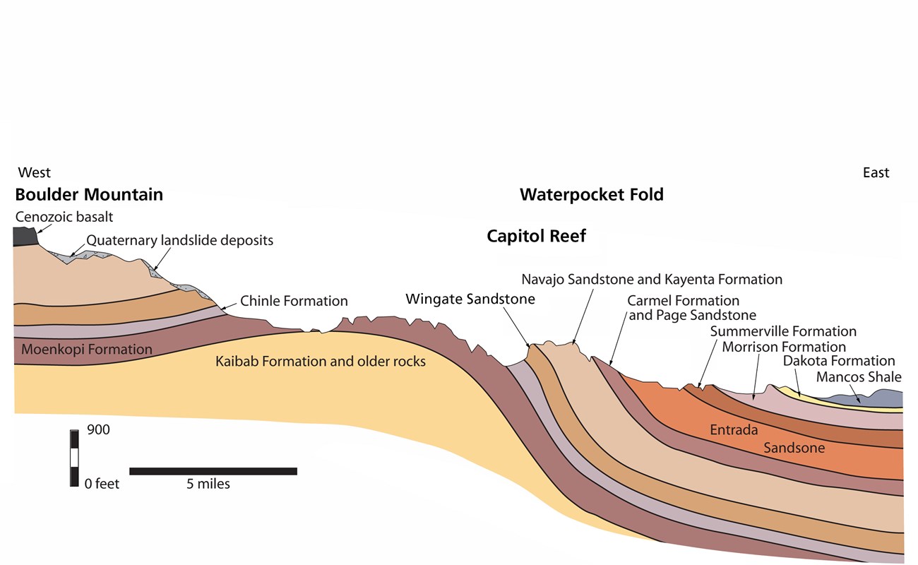 Colorful graphic with cutaway rock layers of Capitol Reef.