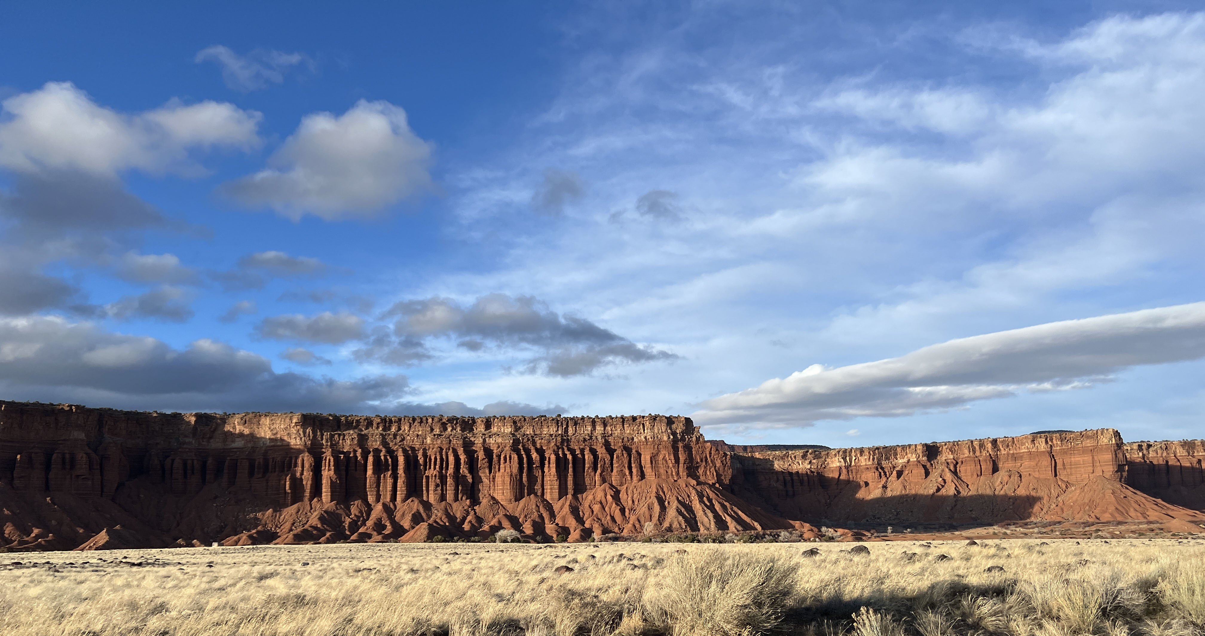 Red rock cliffs at Capitol Reef National Park under a blue sky with scattered clouds, with golden desert grass in the foreground and soft light highlighting the sandstone formations.