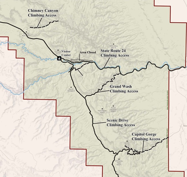 Map of Capitol Reef National Park showing climbing and bouldering access areas including Chimney Canyon, State Route 24, Grand Wash, Scenic Drive, and Capitol Gorge, with a closed area marked near the visitor center.