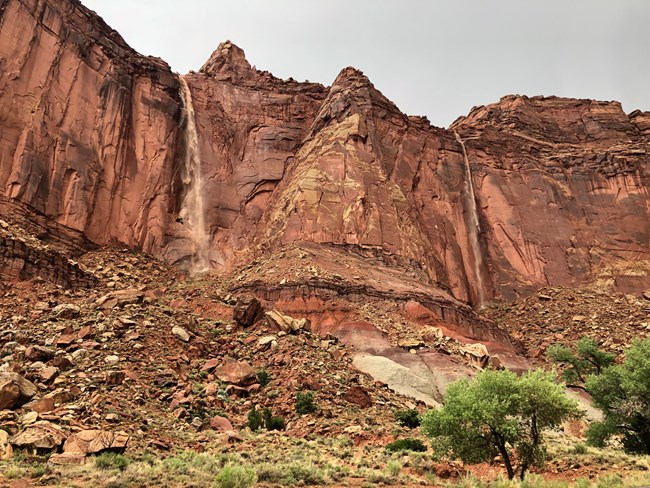 Two thin, brownish red waterfalls on red rock cliffs, with vegetation at the base.