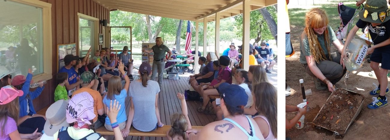 Two photos: Large group of children and adults sitting on benches on a covered porch, raising hands to answer question from intern in center of photo.