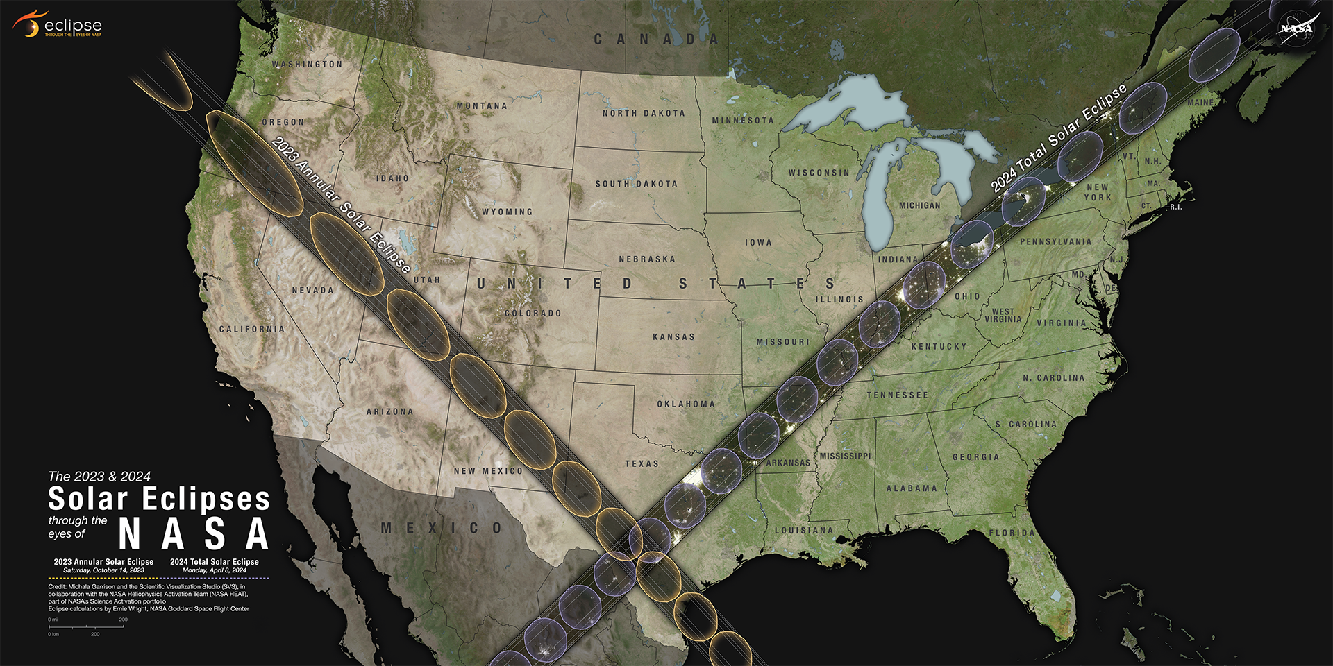 Map of the United States with paths of the 2023 Annular Solar Eclipse and the 2024 Total Solar Eclipse.