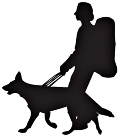 Image of person with backpack on and a service dog.