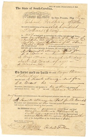 The bill of sale dated May 13, 1833 for a 24 year-old enslaved blacksmith named Saturday.