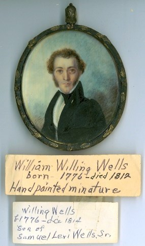 Hand painted oval pendant featuring the image of William Willing Wells. Hand painted oval pendant featuring the image of William Willing Wells.