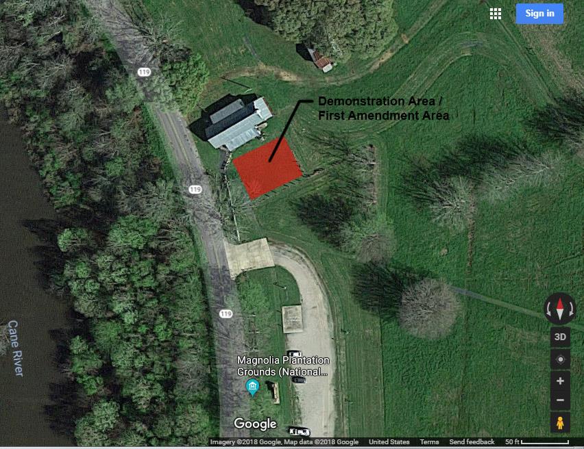 Satellite image of the park showing the location of the demonstration and first amendment area. Further description in compendium text.
