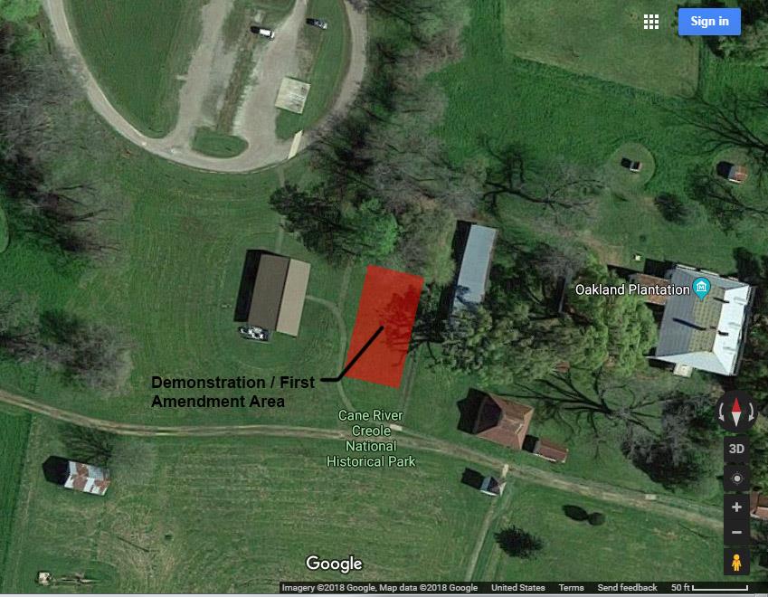 Satellite image of the park showing the location of the demonstration and first amendment area. Further description in compendium text.