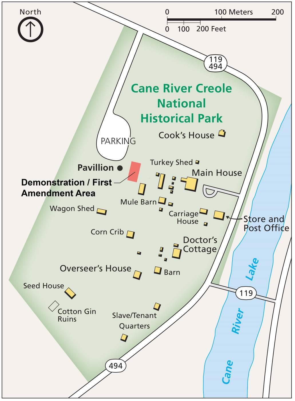 Map of the park showing the location of the demonstration and first amendment area. Further description in compendium text.