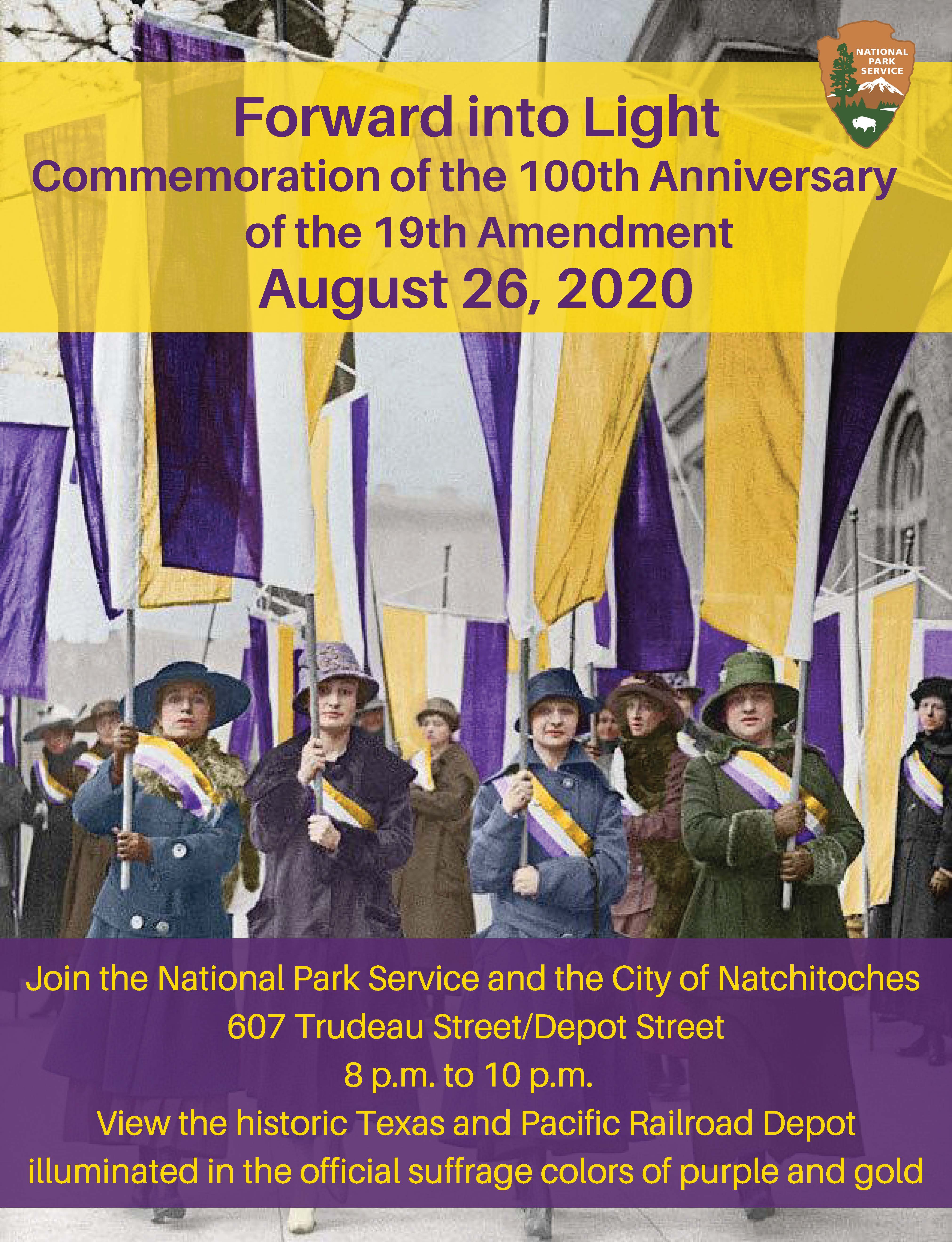 Join in the commemoration on August 26! Women carrying purple and gold banners march for women's right to vote.