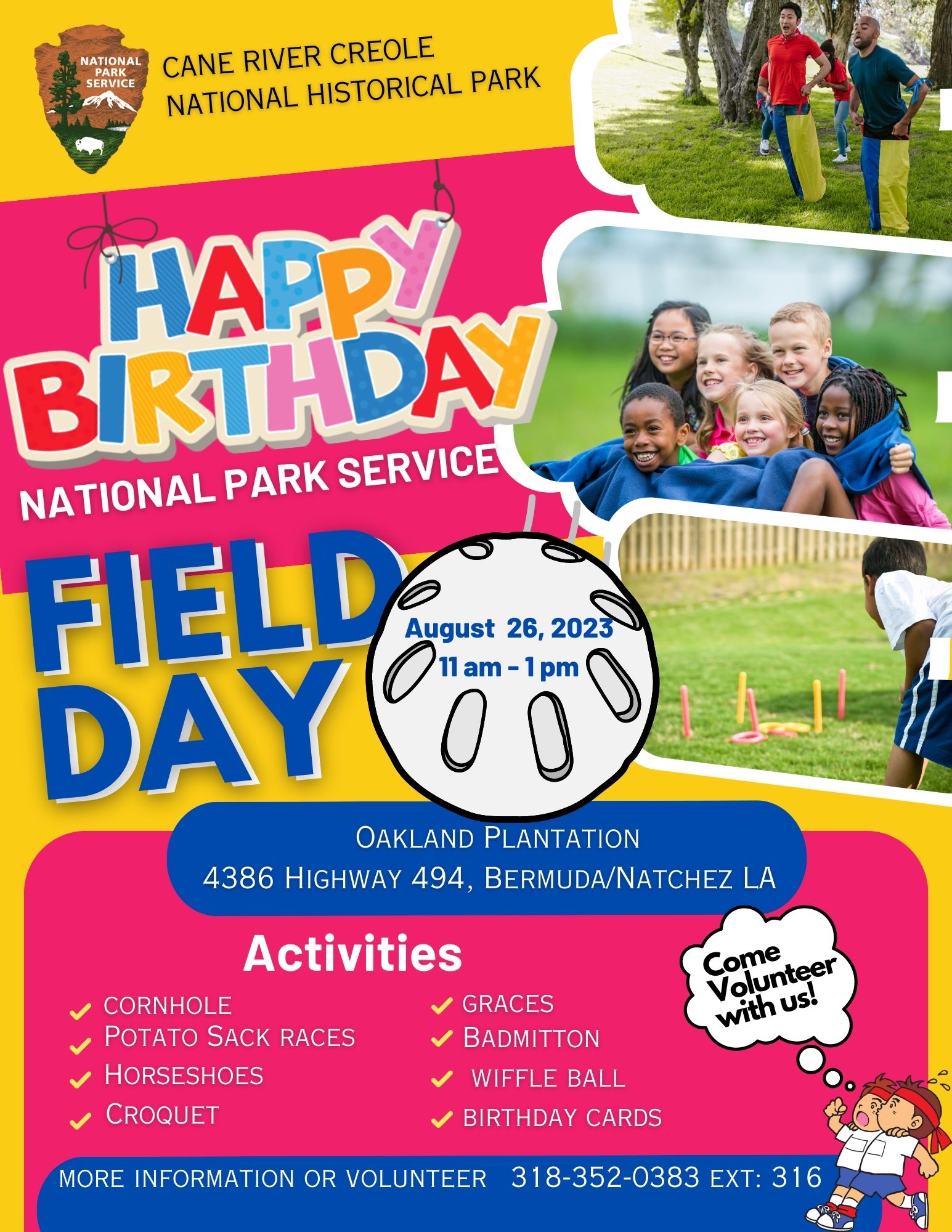 Celebrate with us! Event flyer featuring images of games and activities.