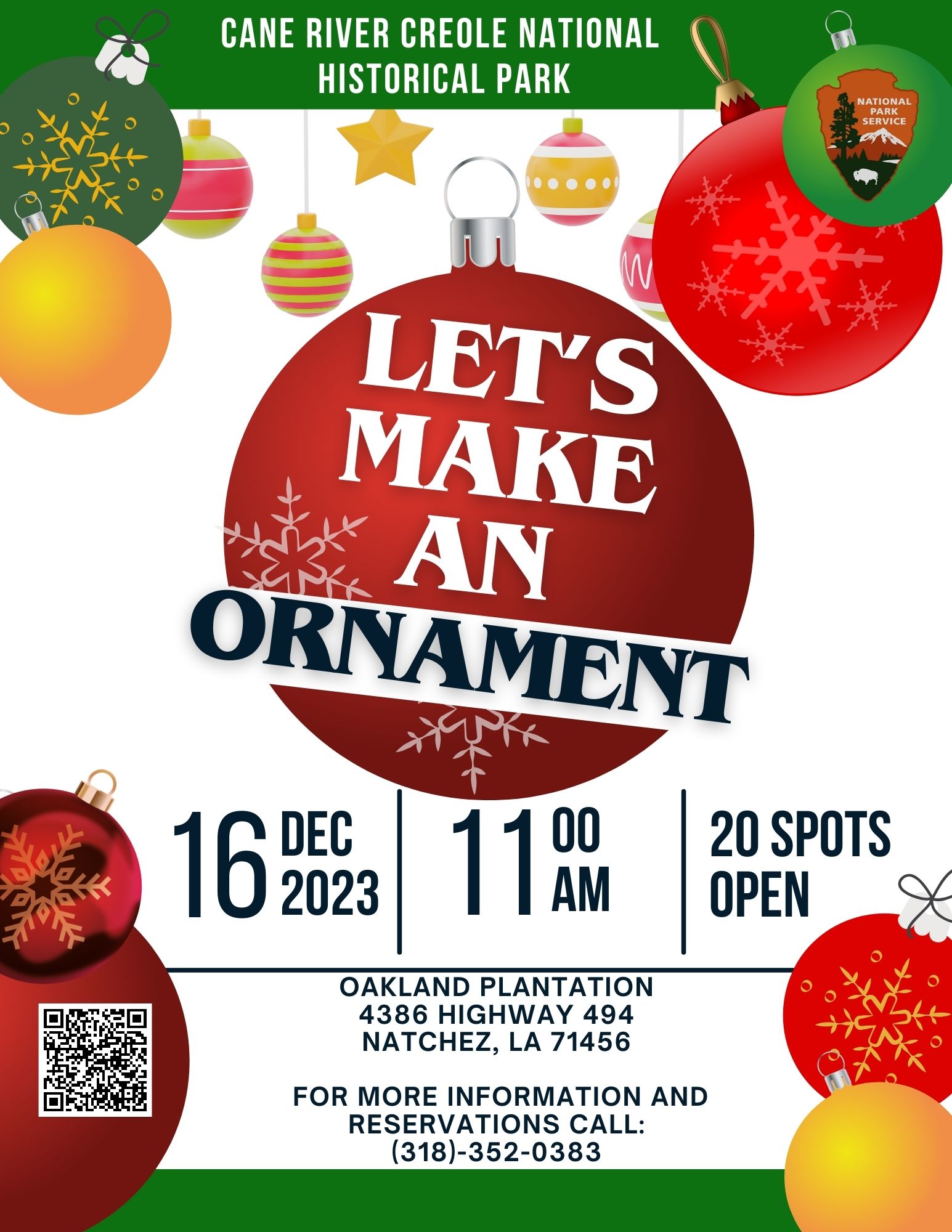 Join us! Event flyer featuring red, green, and gold round ornaments.