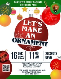 Event flyer featuring red, green, and gold round ornaments.