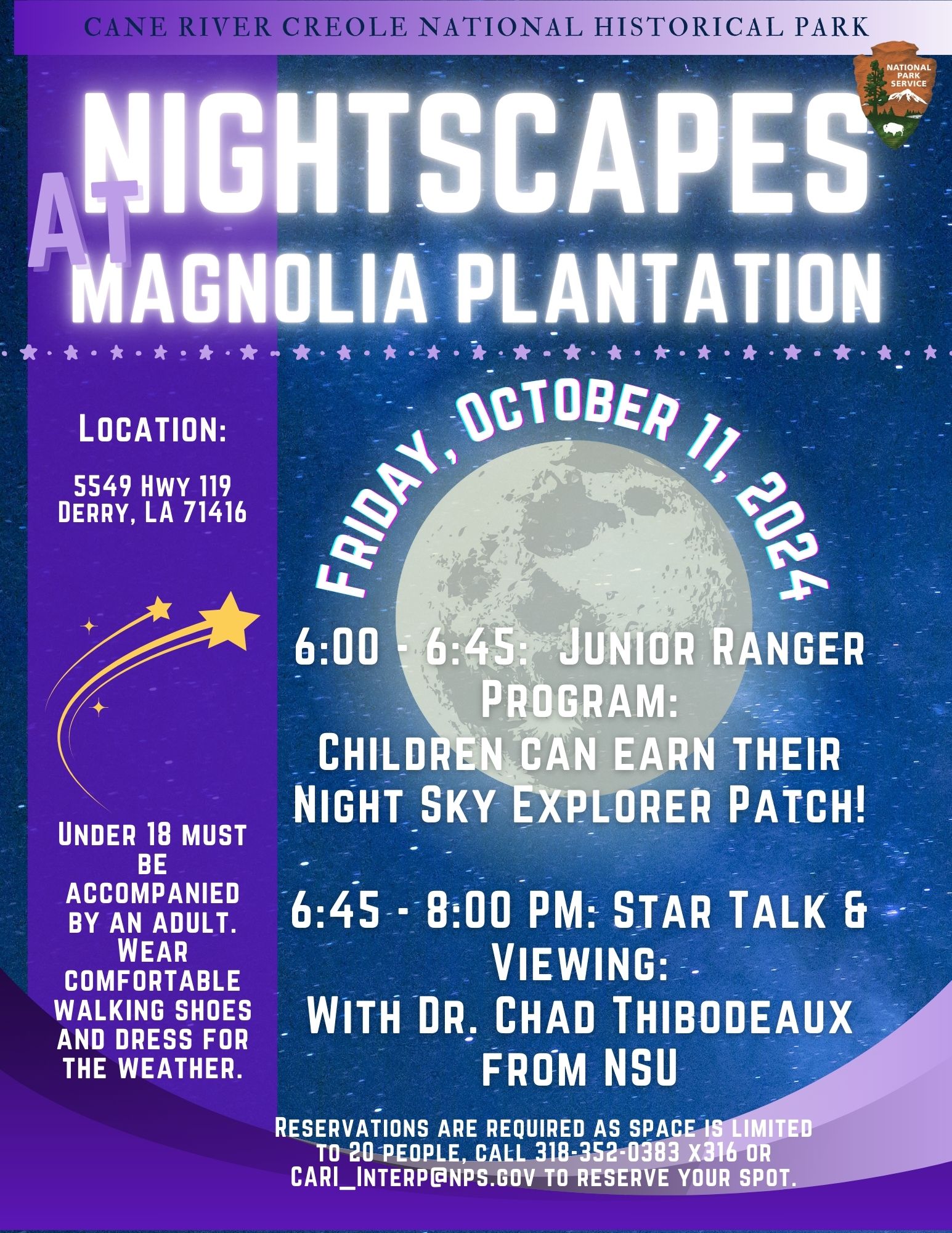 Join us at Magnolia Plantation for this Astronomy Nightscapes program! Flyer for the October 11 Astronomy Nightscapes program at Magnolia Plantation featuring a moon and stars.