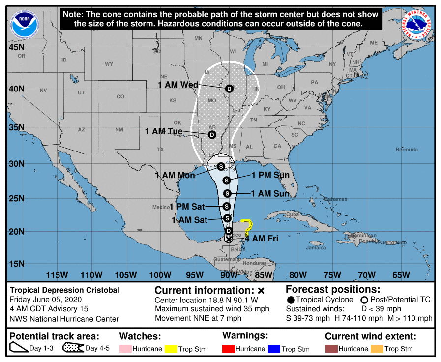 Tropical Depression Cristobal NOAA map showing predicted path of Tropical Depression Cristobal