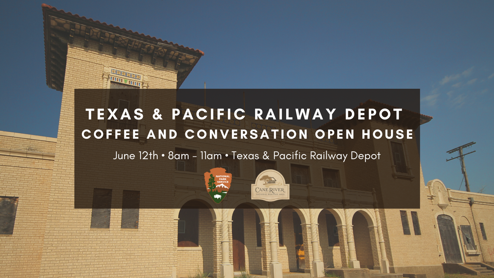 Join us for a Coffee and Conversation Open House Depot building featuring two towers with columns and arches in between.