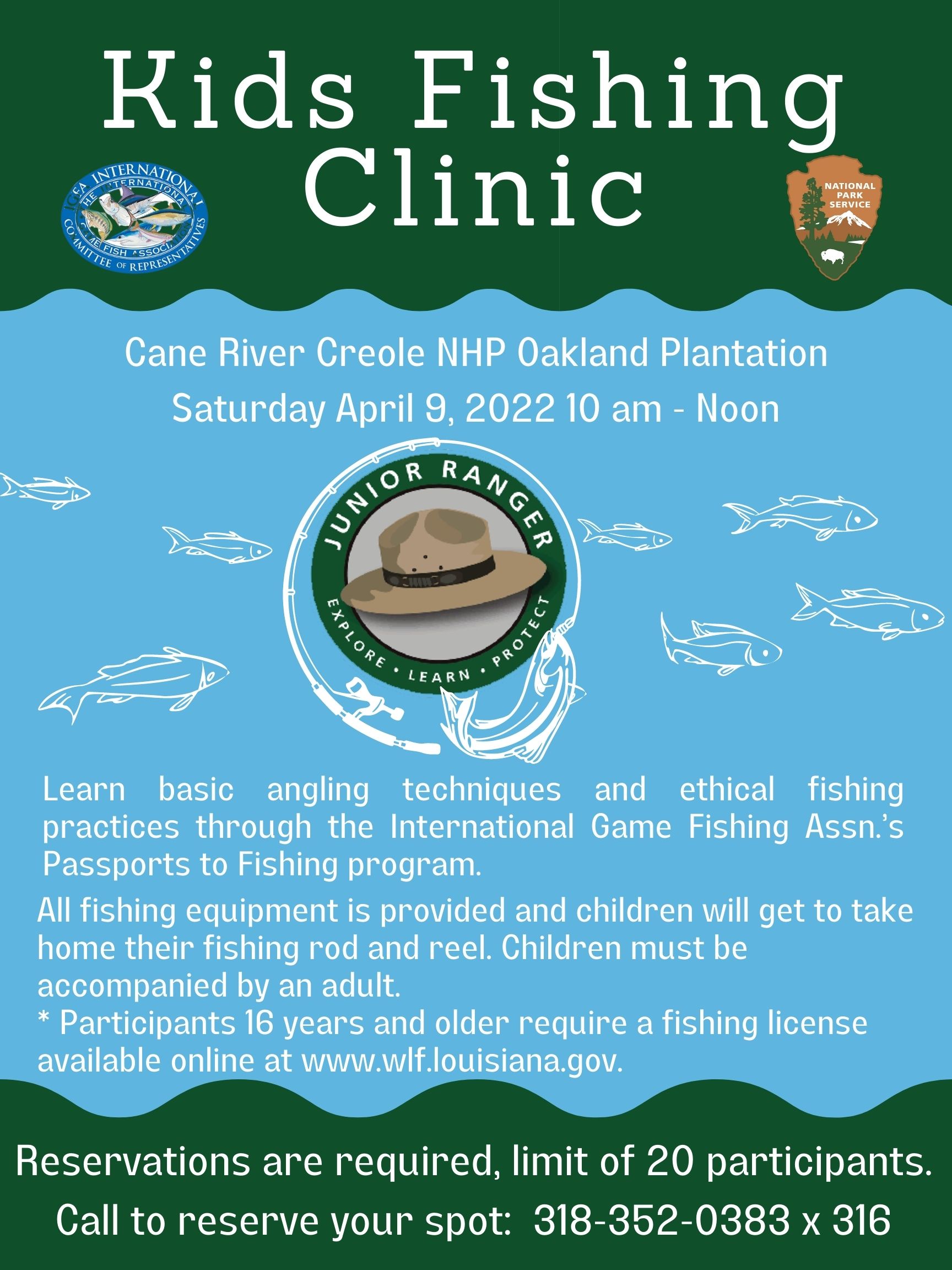 Let's go fishing! Blue and green flyer promoting April 9 kids fishing clinic