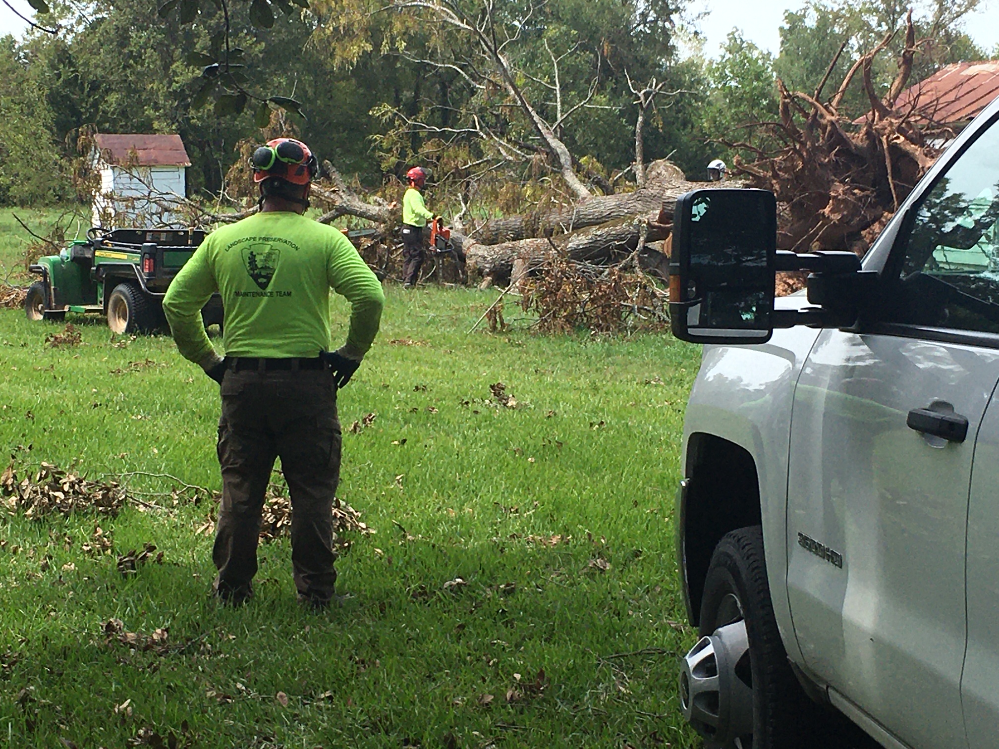 National Park Service workers remove a downed tree.