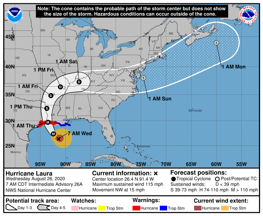 National Hurricane Center Map shoeing predicted path of Hurricane Laura National Hurricane Center Map showing predicted path of Hurricane Laura