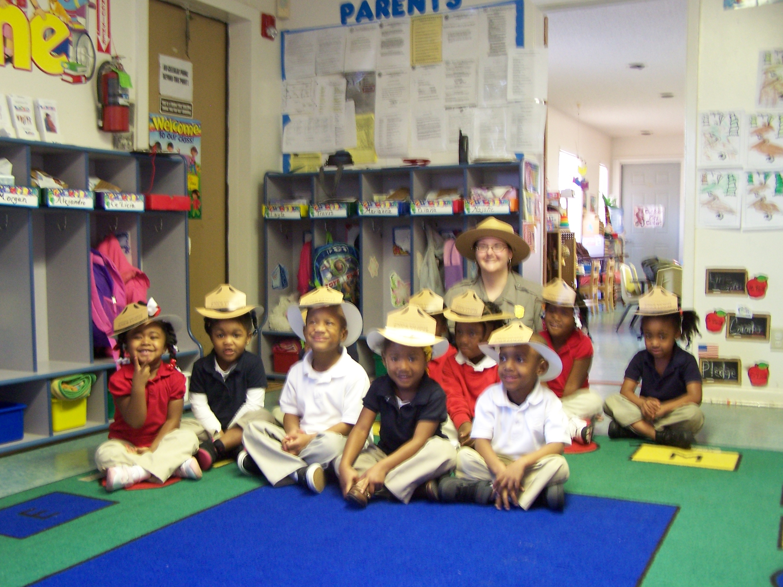 Ranger Cat Lobre poses with students at the Natchez, LA Head Start