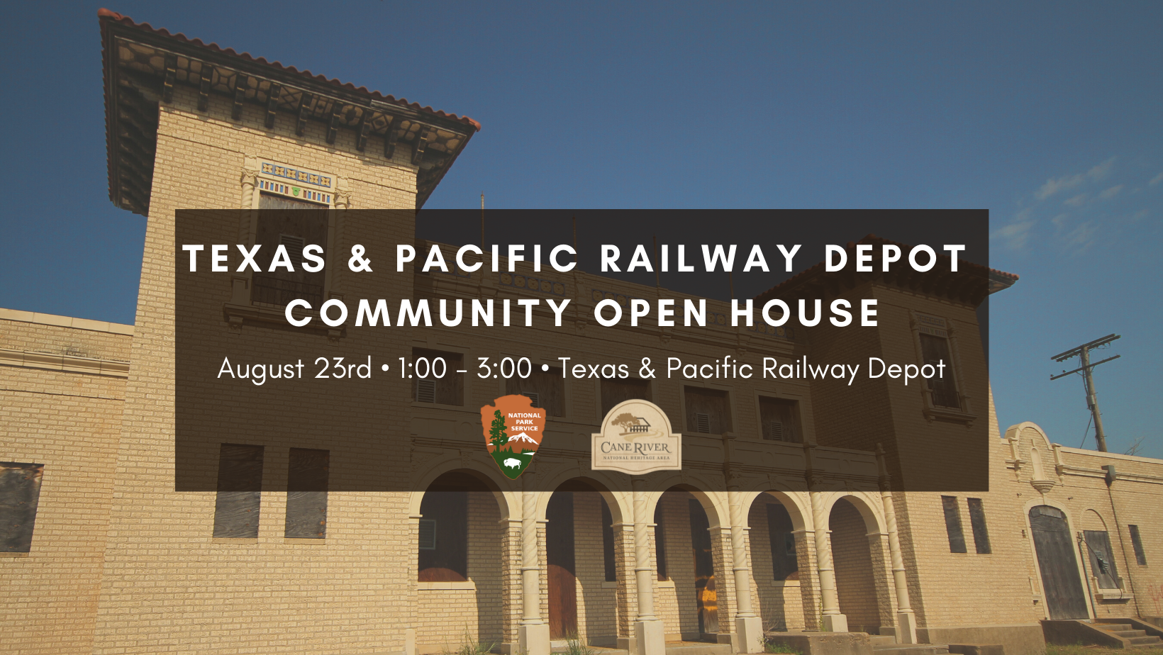 Join us to share your stories and view the world's largest steam locomotive. Invitation features yellow brick Depot with two towers.