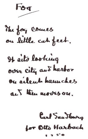 The poem fog in Sandburg's handwriting