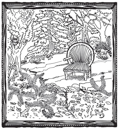Drawing of an outdoor scene with trees and animals