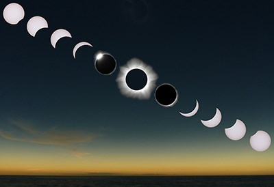 A depiction of the sun in 11 phases as it passes through a total solar eclipse.