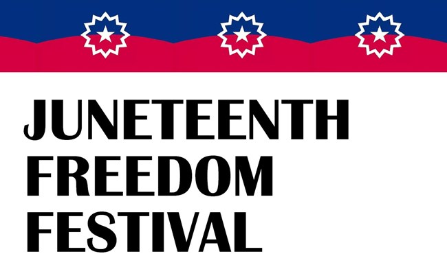 White background with the words Juneteenth Freedom Festival in black letters