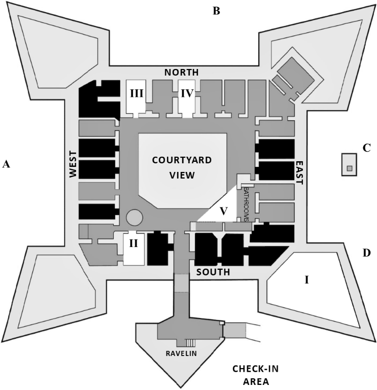 There is a simple map outline of the fort with roman numerals, letters, and symbols indicating where to stop and explore on the park's property.