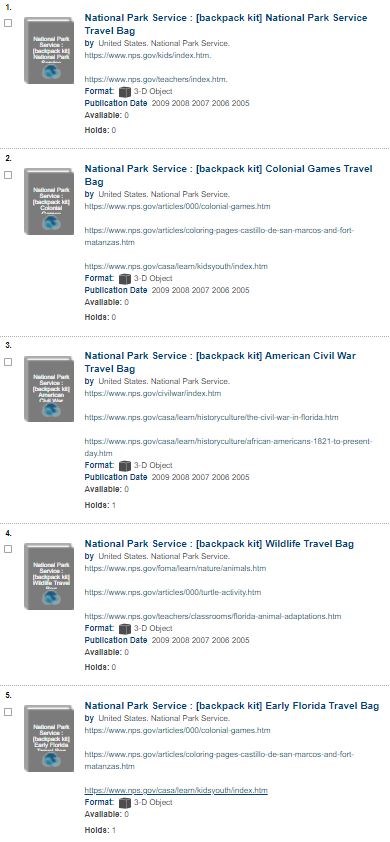 Screenshot of five titles of backpacks.