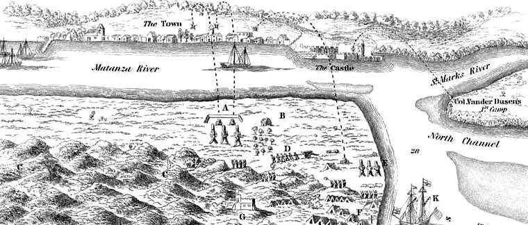 A British map showing Oglethorpe's position and the bombardment of Castillo.