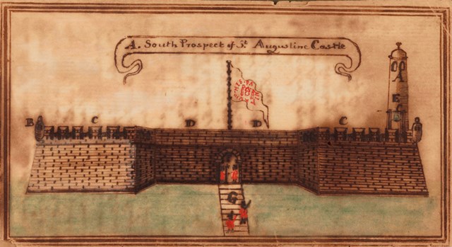 A British spy's watercolor painting of the Castillo's entrance.