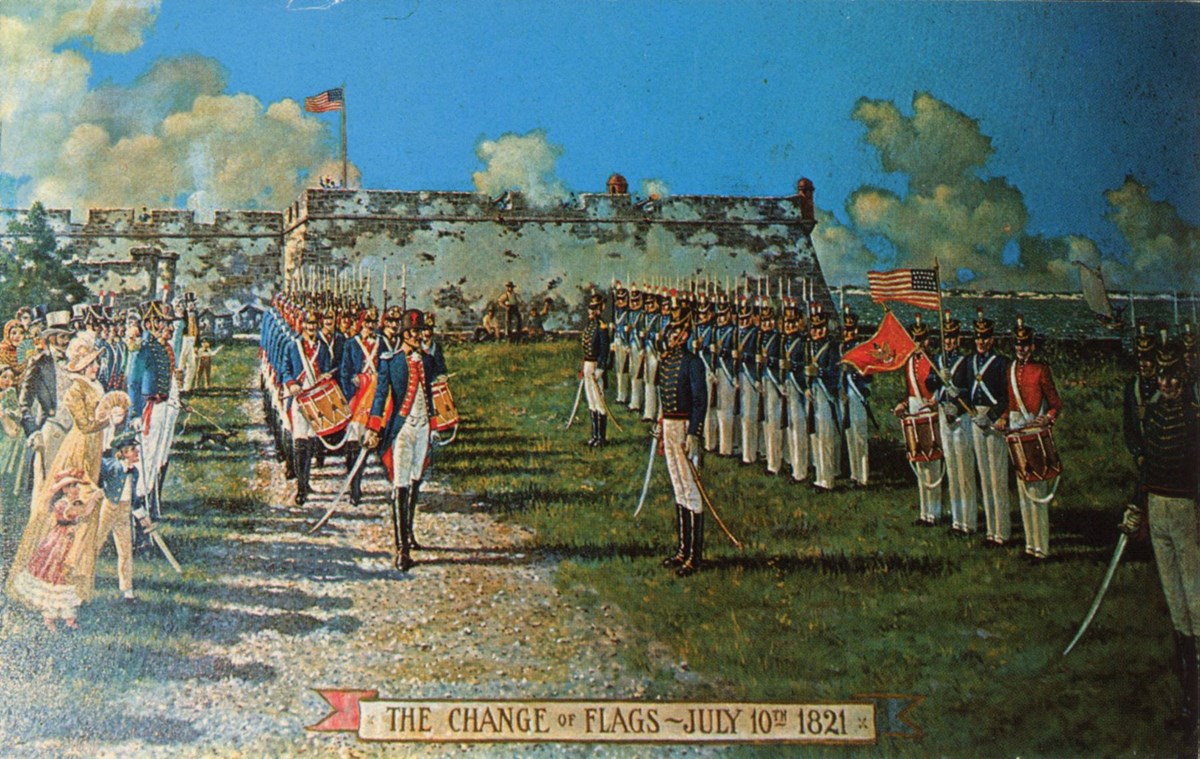 Painting of soldiers during the change of flags transferred Saint Augustine from Spain to the United States.