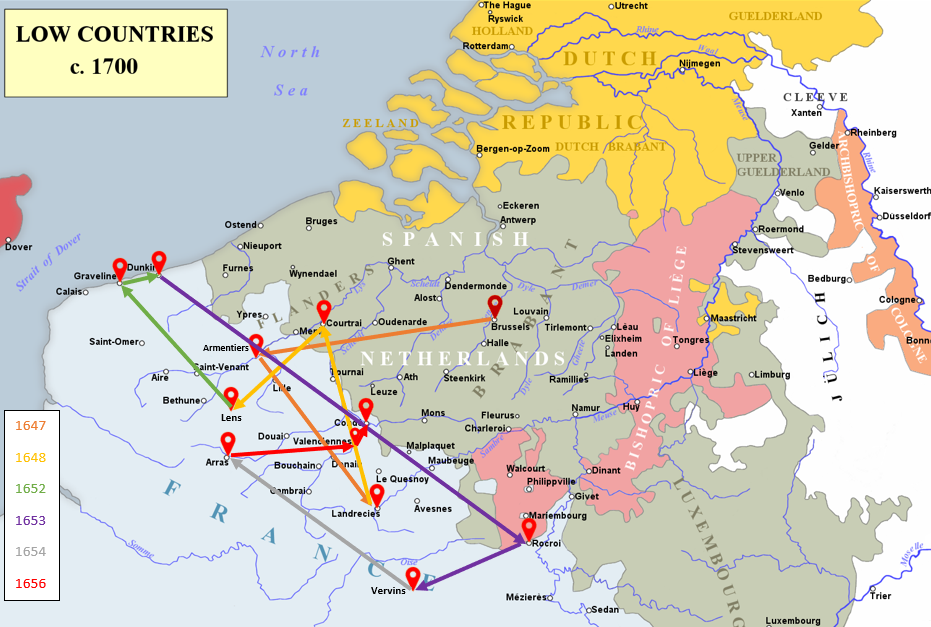 A map of the Low Countries c. 1700 with markers and lines to show the progression of Enrique's travels throughout the first 10 years of his career.