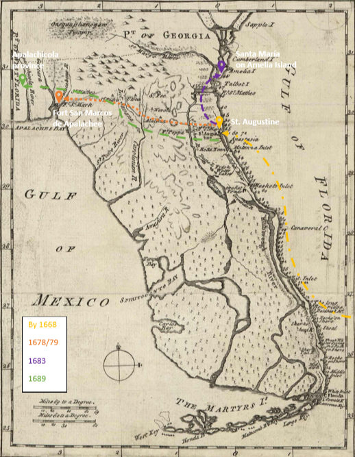 An historic map of Florida with markers and lines showing Enrique's travels through the territory.