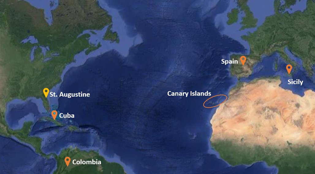 A map with markers on St. Augustine, Cuba, Colombia, Canary Islands, Spain, and Sicily