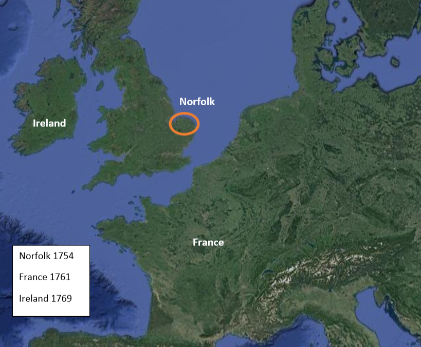 A map with Ireland, Norfolk England, and France labeled