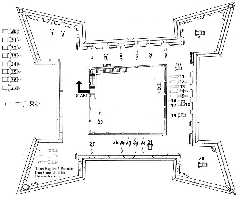 A bird's-eye map of the Castillo with numbered cannon graphics