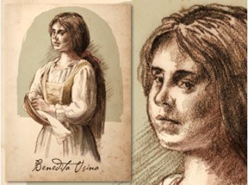 Illustration depicting Benedita Usina, Menorcan refugee and farmer's wife