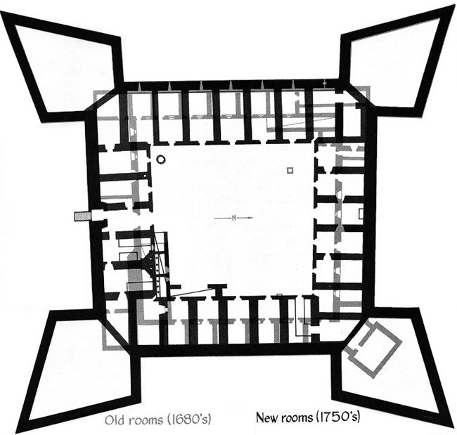 Two plans of the Castillo's outer walls and rooms, overlaid to show how the size and shape of the rooms were altered.