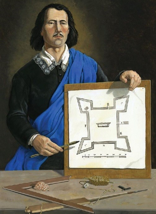 Painting of a man in 17th century clothes holding and pointing at a drawing of the Castillo's outline.