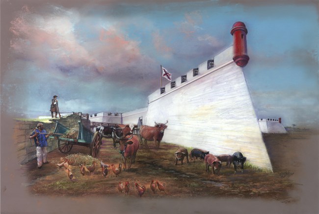 Dry Moat artwork showing animals and people next to the fort