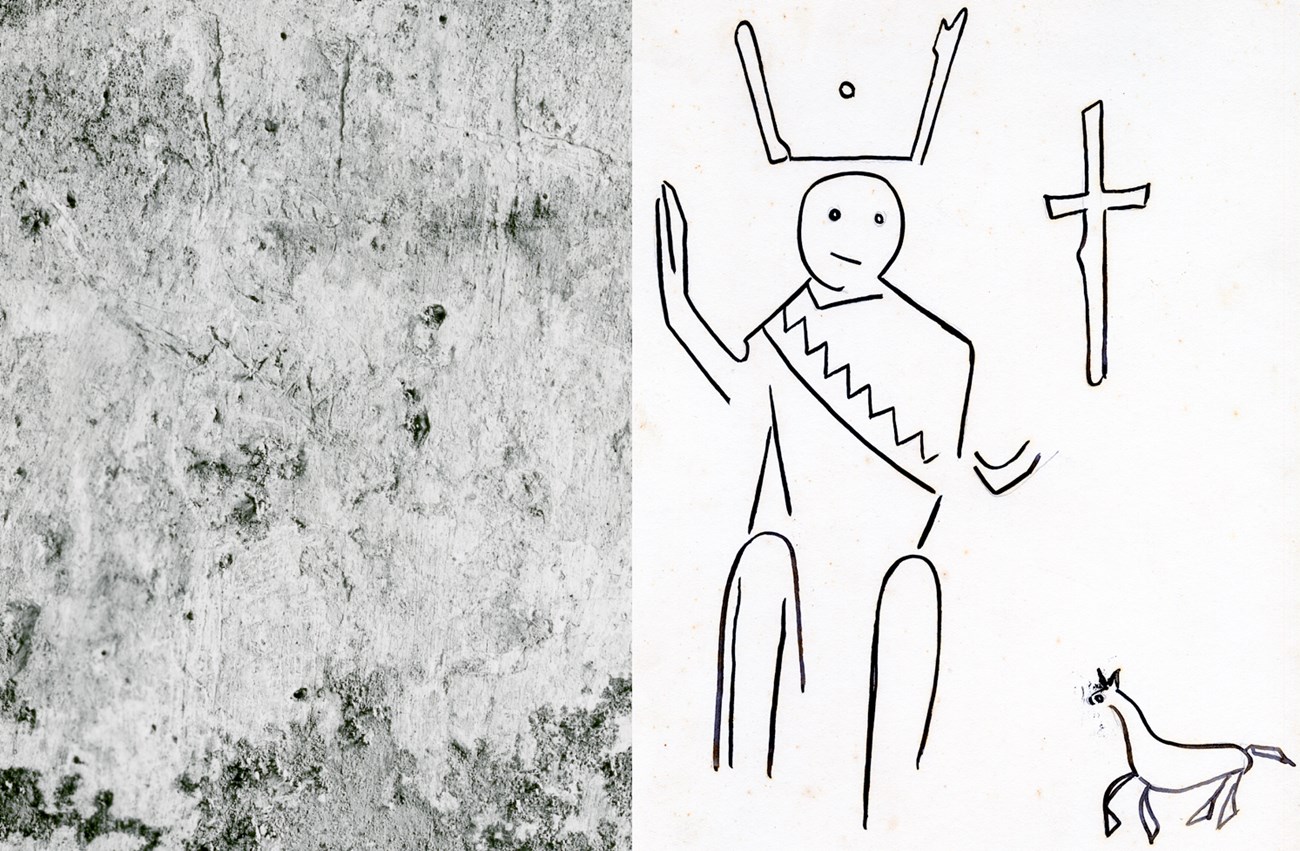 A photograph of Apache Fire Dancer graffiti on wall, next to a sketch of the dancer.