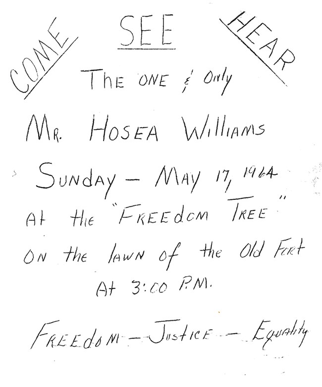 A leaflet promoting Hosea Williams speaking engagement on the fort grounds at the "Freedom Tree."