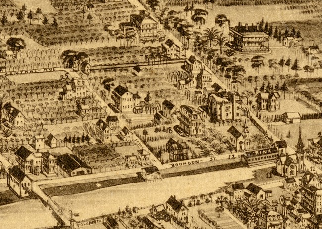A stylized map depicting a developed lot in Lincolnville (1885).