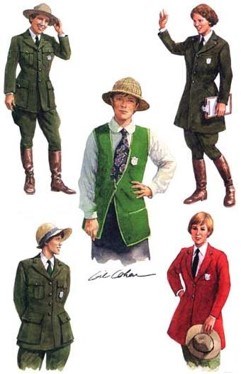Drawings of several female park rangers wearing uniforms from different time periods.
