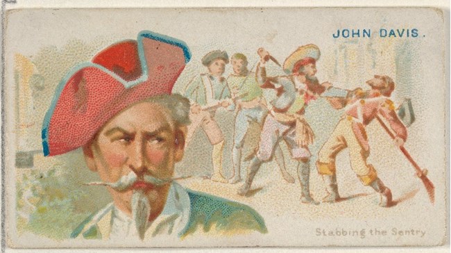 A color illustration of a man in a red tricorn hat with a handlebar mustache & goatee; in the background, four men are fighting. Text reads John Davis and Stabbing the Sentry.